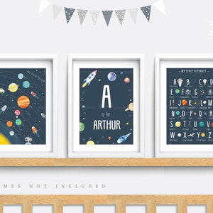 Space nursery print, Set of 3 prints, Nursery wall art, Space themed decor, Baby boy gift, Name print, Solar system print, Space ABC print