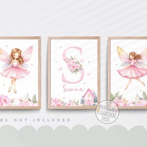 Fairy nursery print, Girl&#39;s fairy print, Fairy wall art, Pink nursery decor, Girls nursery art, girl name print, Girls bedroom art, Set of 3