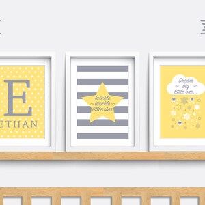 Nursery wall art, Set of 3 Nursery prints, Star nursery decor, Twinkle twinkle little star print, Yellow nursery print, Baby name print