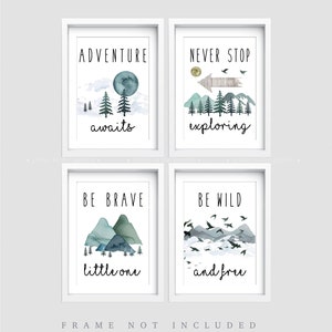 Nursery wall art, Set of 4 Outdoor Nursery prints, Mountain decor, Boy bedroom print, Adventure awaits, Be brave nursery decor, Adventure