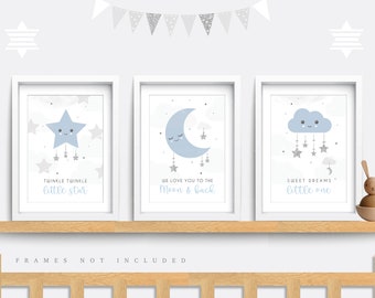 Nursery Wall Art Prints: Glitter Moon, Stars & Clouds - Set of 3