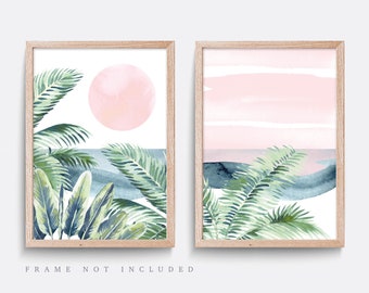 Tropical Palm Tree Print Set: Minimalist Beach Wall Art