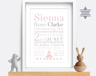 Personalized Christening Print: Baby Name Wall Art, Pink Nursery Decor