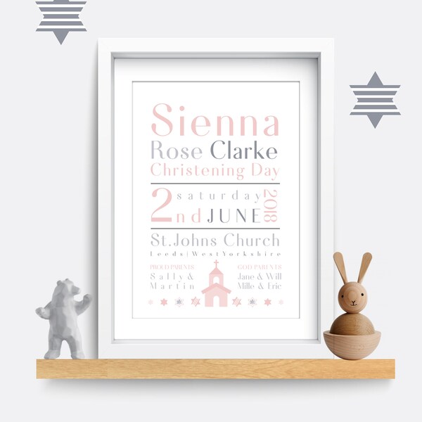 Personalized Christening Print: Baby Name Wall Art, Pink Nursery Decor