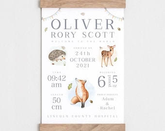 Woodland Nursery Print: Personalized Baby Birth Details Poster