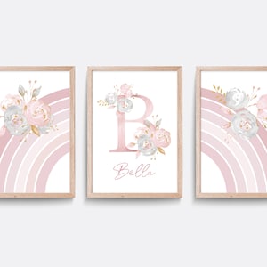 Rainbow nursery print, Flower wall art, Pink nursery decor, Girls nursery art, Baby name print, Pink wall art, Girls bedroom art, Set of 3