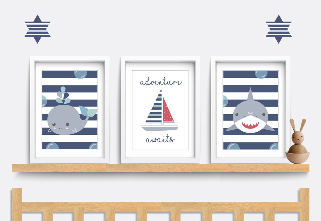 Nautical Nursery Wall Art, Set of 3 Sea Themed Prints, Whale Wall Art ...