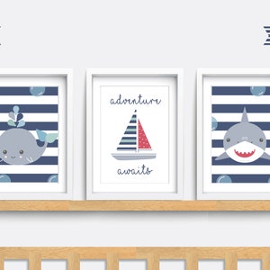 Nautical Nursery wall art, Set of 3 sea themed prints, Whale wall art, Kid bedroom art, Baby nursery decor, Boat nursery art, shark art