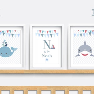 Nautical Nursery wall art, Set of 3 sea prints, Shark wall art, Kids bedroom art, Baby nursery decor, Baby name print, Blue whale art