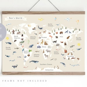 Animal World Map Print, Kid's World map,  Educational Print,  Nursery Map,  Nursery wall art,  Children's Room Decor,  Playroom Print