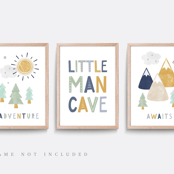 Nursery wall art, Set of 3, Green and blue nursery prints, Mountain nursery art, Adventure print, Outdoor, Forest print, Little man cave