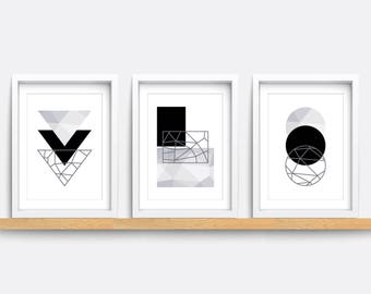 Abstract Geometric Prints Set: Minimalist Black & Grey Wall Art