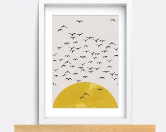 Abstract Bird Print: Yellow & Gray Minimalist Wall Art