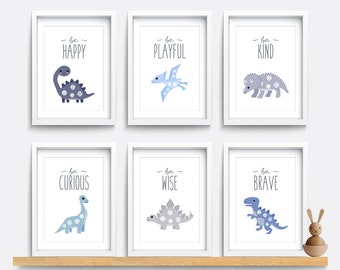 Dinosaur Nursery wall art, Set of 6 dinosaur prints, T-Rex art, Be brave, Kid bedroom art, Baby nursery decor, Triceratops, Diplodocus print