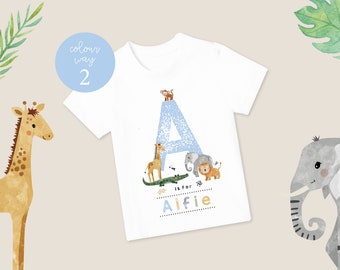 Gepersonaliseerde kinder T-shirt, Safari Animal T-shirt, verjaardag aandenken T-shirt, kinderverjaardagscadeau, jongens T-shirt, kindernaam T-shirt