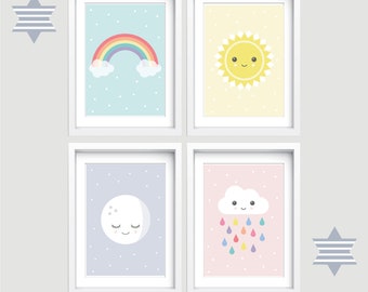 Weather Nursery Print Set: Rainbow, Moon, Sunshine, Cloud Art