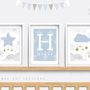 Nursery wall art, Set of 3 Nursery prints, Cloud nursery decor, Moon and star print, Blue nursery print, Baby name print, Baby wall art gift