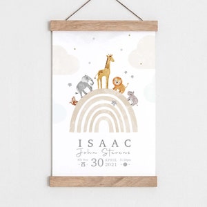 Birth details print, Safari animal print, Birth poster, Baby name print, Baby name sign, Christening/baptism gift, Baby name wall art