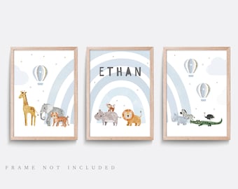 Safari Animal Nursery Print Set: Rainbow, Hot Air Balloon