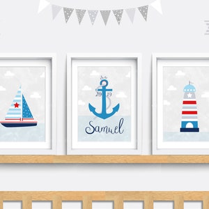 Nautical Nursery wall art, Set of 3 sea prints, Whale wall art, Kid bedroom art, Baby nursery decor, Shark print, Baby name print, Boat art