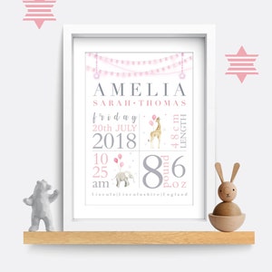 Birth details print, Safari animal print, Birth poster, Baby name print, Baby name sign, Christening/baptism gift, Baby name wall art