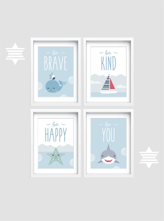 Nautical Nursery Wall Art Set Of 4 Sea Themed Prints Whale Etsy