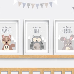 Woodland animal print, Set of 3 animal prints, Forest Nursery wall art, Kid bedroom art, Baby nursery decor, Squirrel art, Owl, Rabbit print