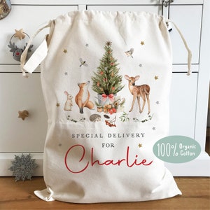 Personalised Christmas Sack, 100% Organic natural cotton, Woodland Nursery, Christmas Gift, Santa Sack, Heavy duty linen, 46x60cm, 60x76cm