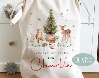 Personalised Christmas Sack, 100% Organic natural cotton, Woodland Nursery, Christmas Gift, Santa Sack, Heavy duty linen, 46x60cm, 60x76cm