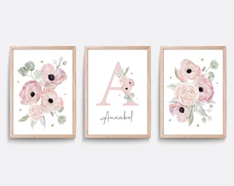 Floral Nursery Print Set: Pink Flower Decor, Personalized Name Art