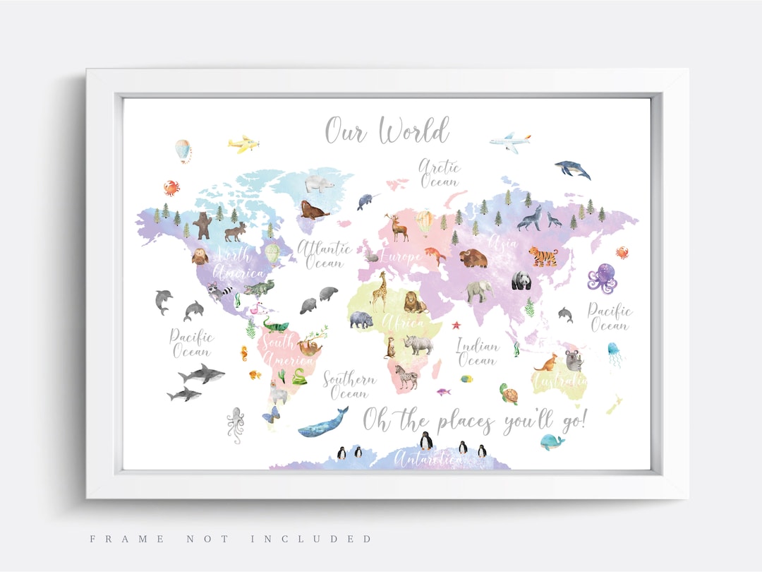Animal World Map Print: Watercolor Nursery Decor - Etsy UK