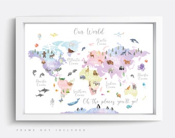 Animal World Map Print, Map Wall Art,  Educational Print,  Baby Decor,  Nursery Map,  Nursery Room,  Children's Room Decor,  Playroom Print