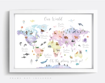 Animal World Map Print, Map Wall Art,  Educational Print,  Baby Decor,  Nursery Map,  Nursery Room,  Children&#39;s Room Decor,  Playroom Print