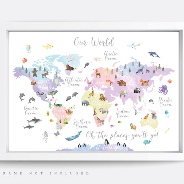 Animal World Map Print, Map Wall Art,  Educational Print,  Baby Decor,  Nursery Map,  Nursery Room,  Children's Room Decor,  Playroom Print