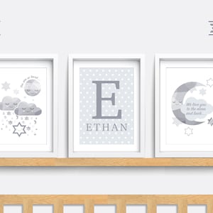 Nursery wall art, Set of 3 Nursery prints, Cloud nursery decor, Moon and star print, Grey nursery print, Baby name print, Baby wall art gift