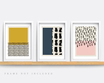 Abstract Art Prints Set: Minimalist Pink, Blue, and Gold Wall Decor