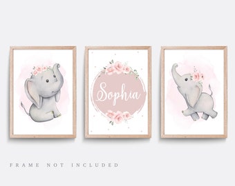 May include: Three watercolor prints featuring a cute gray elephant with pink flowers. The middle print has the name "Sophia" in a pink circle.