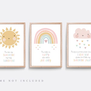 Rainbow nursery print, Rainbow wall art, Pink nursery decor, You are my sunshine nursery art, Baby name print, Girl bedroom art, Set of 3