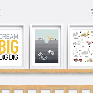 Digger Nursery wall art, Set of 3 construction themed prints, Digger wall art, Kid bedroom art, Baby nursery decor, Dream big little one
