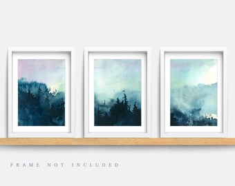 Woodland print, Abstract Print, Set of 3 Prints, Forest art, Minimalist Prints, Blue Art Print, Home decor, Nature landscape, Living room