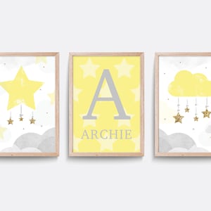 Nursery wall art, Set of 3 Nursery prints, Cloud nursery decor, Moon star print, Yellow nursery print, Baby name print, Baby wall art gift