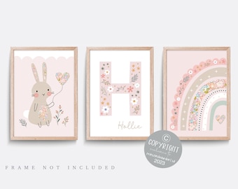 Bunny nursery print, Set of 3 prints, Pink nursery decor, Floral nursery art, Rabbit print, Girl bedroom art, Rainbow nursery art, Name art