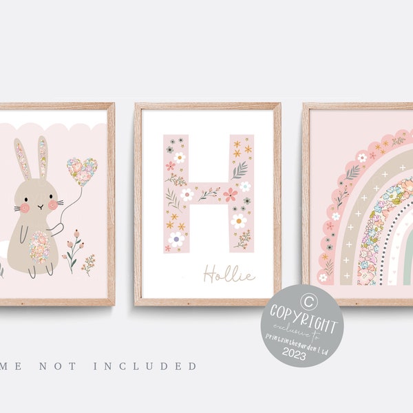 Bunny nursery print, Set of 3 prints, Pink nursery decor, Floral nursery art, Rabbit print, Girl bedroom art, Rainbow nursery art, Name art
