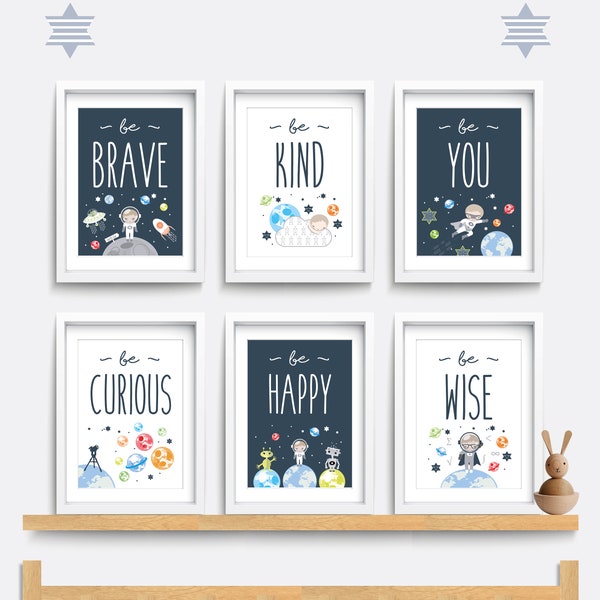 Set of 6 Nursery prints, Space nursery decor, Nursery wall art, Space themed nursery, Baby boy gift, Be brave be kind be you, Moon print