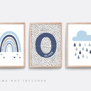 Rainbow nursery print, Rainbow wall art, Blue nursery decor, Cloud nursery art, Baby name print, Pink wall art, Boys bedroom art, Set of 3