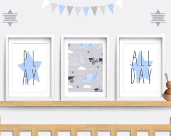 Digger Nursery wall art, Set of 3 construction themed prints, Digger wall art, Kid bedroom art, Blue nursery decor, Play all day print