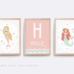 Mermaid nursery print, Pink nursery print, Baby nursery decor, Girl bedroom decor, Mermaid wall art print, Nursery wall art, Set of 3 prints