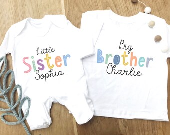 Personalized Sibling Set: Matching Cotton T-Shirt & Baby Grow