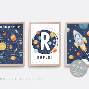 Space Nursery Print. Set of 3 prints. Solar system art, Star decor, Space themed nursery, blue nursery decor, Boy name print, Rocket print