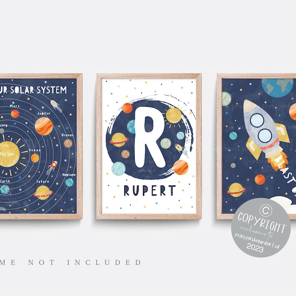 Space Nursery Print. Set of 3 prints. Solar system art, Star decor, Space themed nursery, blue nursery decor, Boy name print, Rocket print